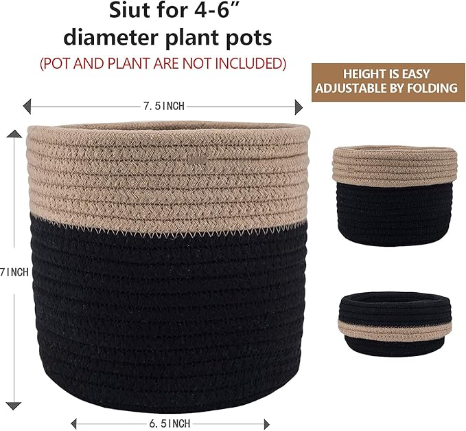 Woven Cotton Rope Plant Basket for 6" Flower Pot Floor Indoor Planters Flower Pot,Home Decor Storage Organizer H6 3/4" x W6 1/2" Black&Brown-Ruum Studio Home