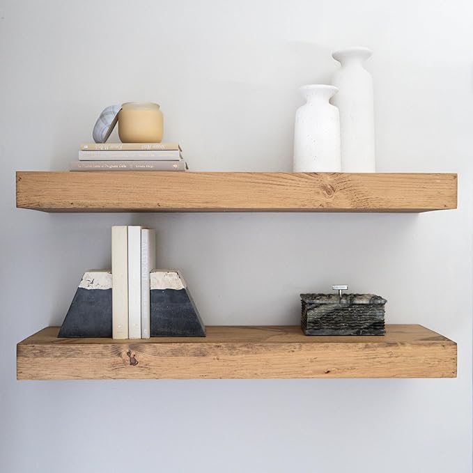 Modern Floating Shelves 3 Inches Thick for Wall, Wide Shelves for Kitchen, Living Room, Bedroom, and Bathroom, Natural Pine Wood, Rustic Wooden Shelf, (Set of 2) (Aged Oak, 60Lx3Hx6D)-Ruum Studio Home