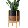 D'vine Dev Ceramic Planter with Natural Stand - 10 Inch Modern Round Flower Pot with Wood Planter Holder, Black/Speckled Tan, 55-B-K-7-Ruum Studio Home