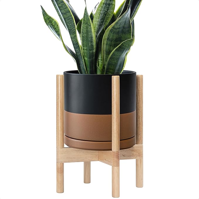 D'vine Dev Ceramic Planter with Natural Stand - 10 Inch Modern Round Flower Pot with Wood Planter Holder, Black/Speckled Tan, 55-B-K-7-Ruum Studio Home