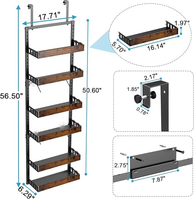 bukfen Over the Door Pantry Organizer, 6-Tier Adjustable Wooden Basket Kitchen Pantry Door Organization and Storage, Heavy-Duty Metal Hanging Kitchen Spice Rack,D6.3 x W17.71 x H50.60 inch,1 Pack-Ruum Studio Home