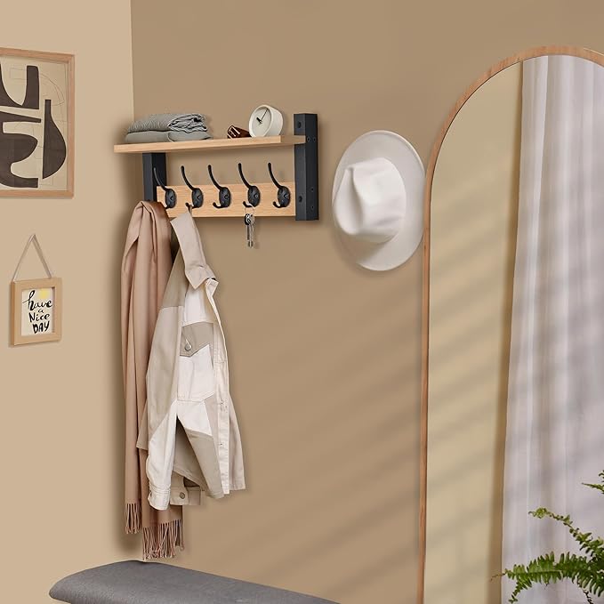 Sorbus Coat Hooks Wall Mount with Shelf – 16 Inch Coat Rack Wall Mount with 5 Heavy Duty Hooks – Floating Wall Shelf with Hooks for Entryway, Bathroom, Bedroom, Kitchen, or Mudroom (Maple Wood)-Ruum Studio Home
