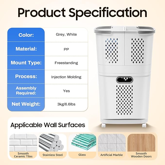 Movable Household Laundry Basket,2 Tier Laundry Hamper Basket Sorter with Wheels&Handle,Large Hand-Held Laundry Basket Clothes Storage Organizer for Bathrooms Bedrooms-Ruum Studio Home