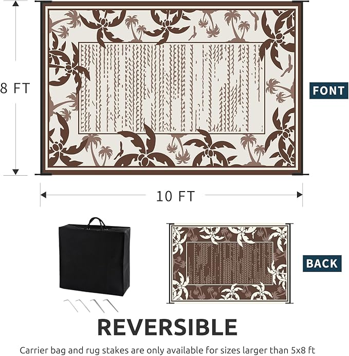 COCOER Outdoor-Rug 8x10 ft Waterproof Reversible Outdoor Plastic Straw Rug RV Indoor Outdoor Carpet Quick Dry Patio Rug Camping Mat for Balcony Backyard Picnic Beach-Brown&Beige-Ruum Studio Home