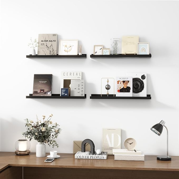 Picture Ledge Shelf, Wood Floating Shelves Set of 4, 24 inch Picture Ledge Shelves, Photo Ledge Nursery Book Shelves Wall Mounted for Living Room Kids' Room Bedroom, Color Black-Ruum Studio Home