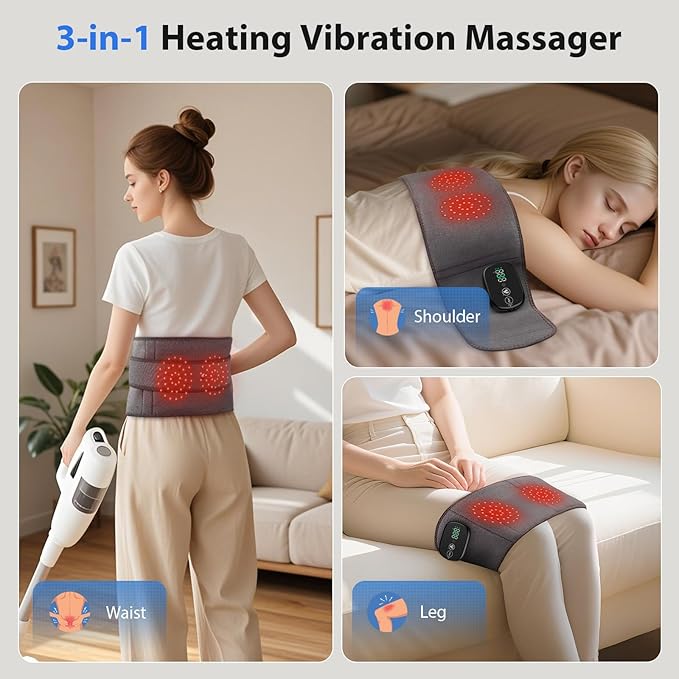 Lower Back Massager with Heat, Heating Pad for Back, Stomach Heating Pad, Waist Belt Wrap with Heat Vibration 3 Levels Adjustable, Touchscreen Control, Adjustable Size, Gifts for Dad Mom (Grey)-Ruum Studio Home