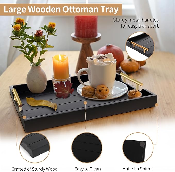 Coffee Table Trays - Large Ottoman Tray for Living Room - Wood Serving Trays with Handles(2 Sets) - Wooden Tray for Coffee Table, 4 Round Coasters Included, Black-Ruum Studio Home