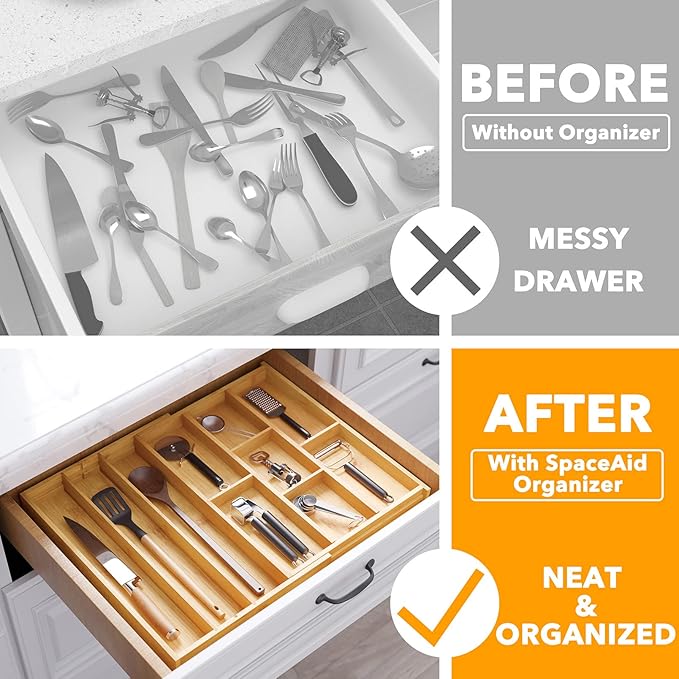 SpaceAid Bamboo Utensil Drawer Organizer with Labels, Kitchen Silverware Expandable Tray Holder Organizer for Flatware, Cutlery, Spoon and Knives Drawer Storage Organization (Natural)-Ruum Studio Home