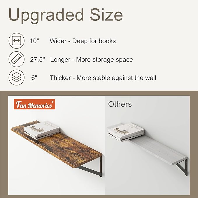 Fun Memories 27.5" W x10 D Floating Shelves, Large Wall Shelves 27.5 Inch Long, Set of 2, Farmhouse Wood Floating Shelf Wall Mounted, Deep Shelves for Bathroom, Living Room, Kitchen, Rustic Brown-Ruum Studio Home