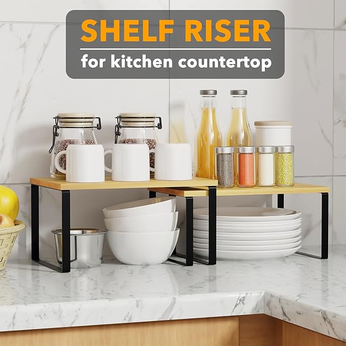 SpaceAid Cabinet Shelf Organizers 2 Pack, Kitchen Counter Rack Shelves Riser, Stackable Expandable Spice Rack, Pantry Cupboard Storage Organization (Black and Natural, Short)-Ruum Studio Home
