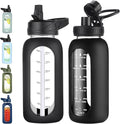 32 oz Glass Water Bottle with Straw and Handle, Sports Motivational Water Flask with Silicone Sleeve, Large Leakproof Water Flask Cup with Time Marker for Travel, Gym, Black-Ruum Studio Home
