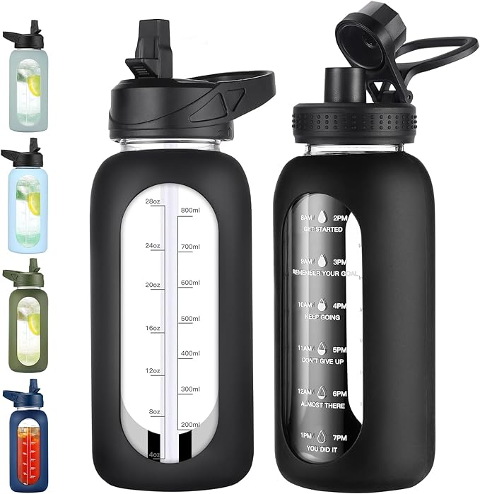 32 oz Glass Water Bottle with Straw and Handle, Sports Motivational Water Flask with Silicone Sleeve, Large Leakproof Water Flask Cup with Time Marker for Travel, Gym, Black-Ruum Studio Home