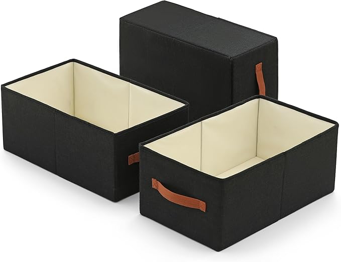 linen closet organizers and storage, 3 Pack Large Storage Baskets, Washable, Clothing Storage Bins with Handle, Closet Organizer for Storage Sweater,Sheets (Black, 18½"x11"x8½")-Ruum Studio Home