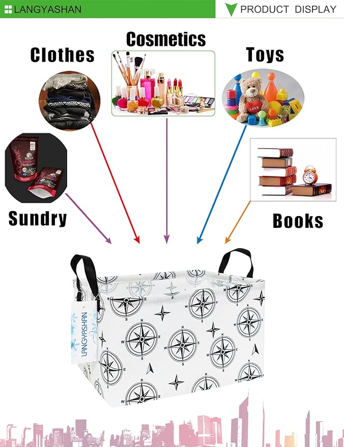 LANGYASHAN Rectangular Storage Bin Collapse Canvas Fabric Cartoon Storage Basket with Handles for Organizing Home Kitchen Boys and Girls Toys Office Closet Shelf Baskets (Rec Black Compass)-Ruum Studio Home