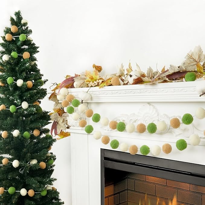 TBD Decor 2pk Pom Pom Garland 13FT Colorful Large Felt Ball Garland Fall Decoration for Mantle,Indoor Holiday Wedding Birthday Party Supplies(Green Brown)-Ruum Studio Home