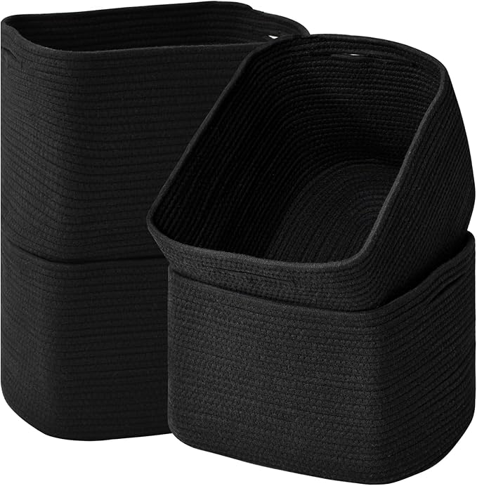 Storage Baskets for Organizing & Shelves, Woven Cotton Rope Organization Bins for Dog Toys, Clothes, Books, Nursery Organizer, 15" Lx11''Wx9.5''H, (4 Packs) Black-Ruum Studio Home