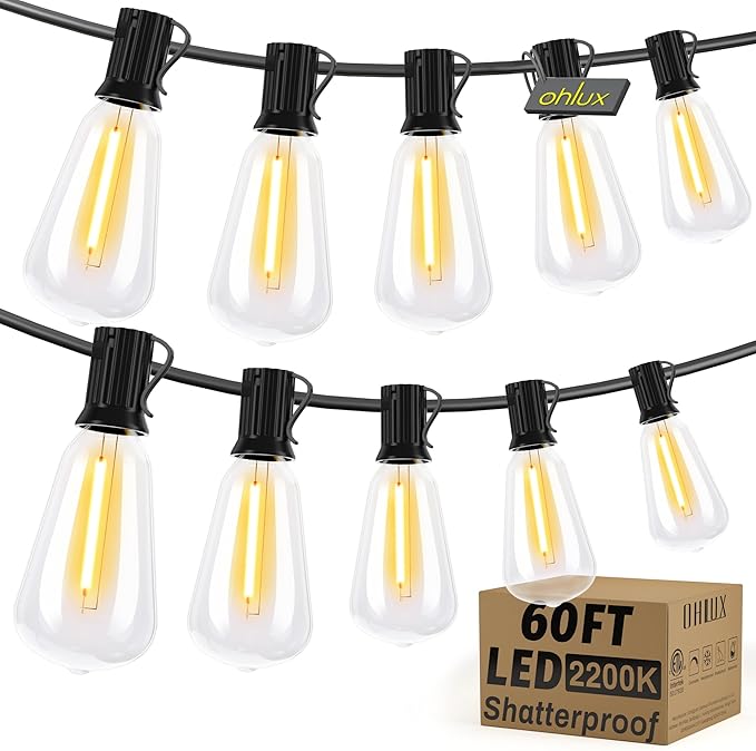 OHLUX Bistro String Lights Outdoor, 60FT Deck Lights with 32 Shatterproof ST38 Vintage Edison Bulbs, 2200K Warm Dimmable Connectable LED Light String for Outside Porch Yard Gazebos Balcony Garden-Ruum Studio Home