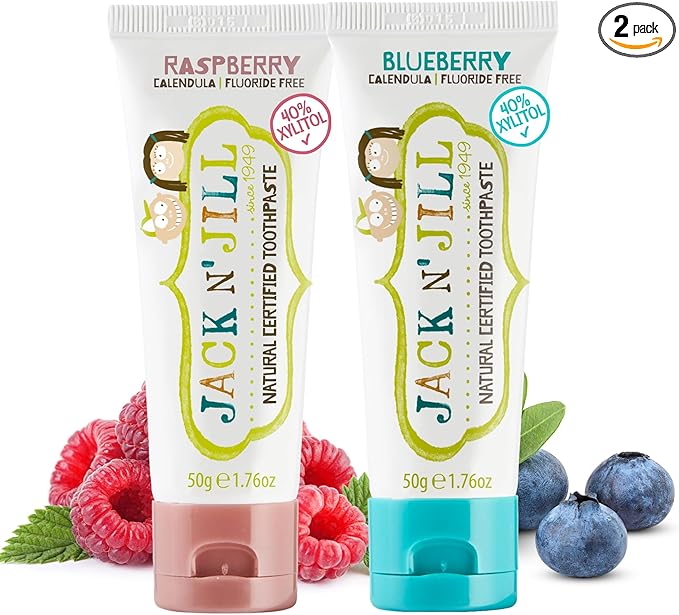 Jack N' Jill Natural Toothpaste for Baby and Infants - Fluoride Free Training Toothpaste, 40% Xylitol, BPA Free - Blueberry & Raspberry, 1.76 oz (Pack of 2)-Ruum Studio Home