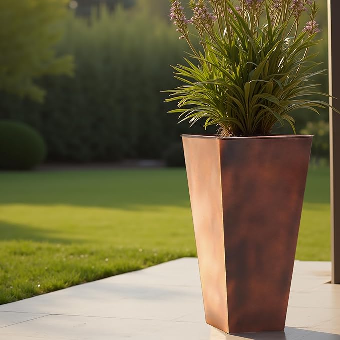 WORTH Garden 12" Dia x 25" H Large Metal Planter Set of 2, Matte Bronze Retro Finish Tall Square Tapered Steel Plant Pots, Decor Flower Pot Indoor & Outdoor, Drainage Hole & Dual-Purpose Plant Saucer-Ruum Studio Home