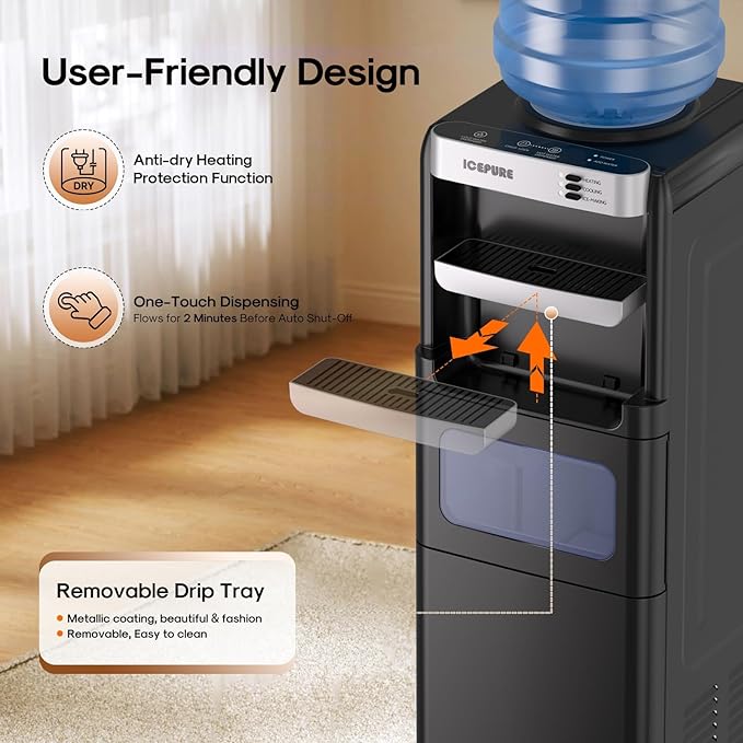 ICEPURE 3-in-1 Water Dispenser with Ice Maker, Water Cooler Dispenser for 5 Gallon Bottle Built-in Bullet Ice Maker Top Loading, Hot and Cold Water Dispenser for Home/Office, 33lbs/24H, Child Lock-Ruum Studio Home