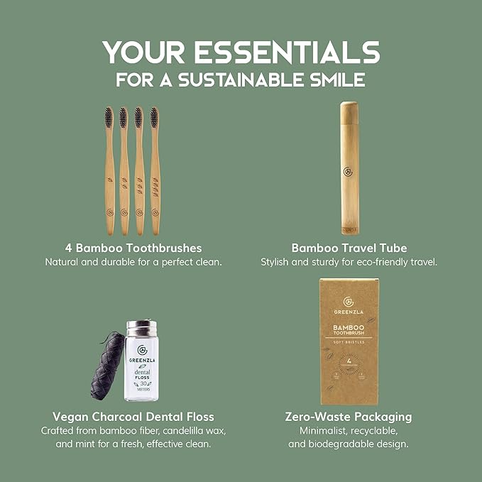 Greenzla Bamboo Toothbrushes, Wooden Toothbrush Set with Soft Bristles, Includes Travel Case and Charcoal Dental Floss, 4 Pack-Ruum Studio Home