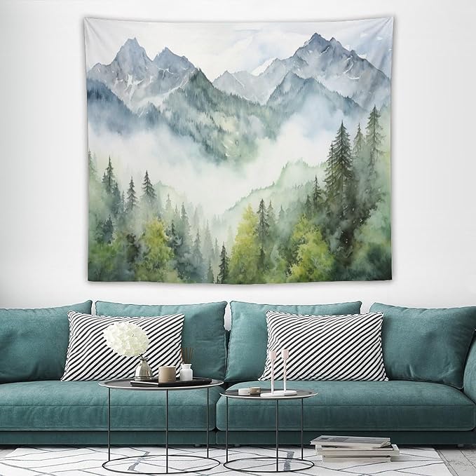HZOHNAGO Mountain Tapestry Misty Green Forest Mountain Pattern Printed Wall Tapestry Wall Hanging for Bedroom Living Room Dorm 60" W x 50" H-Ruum Studio Home
