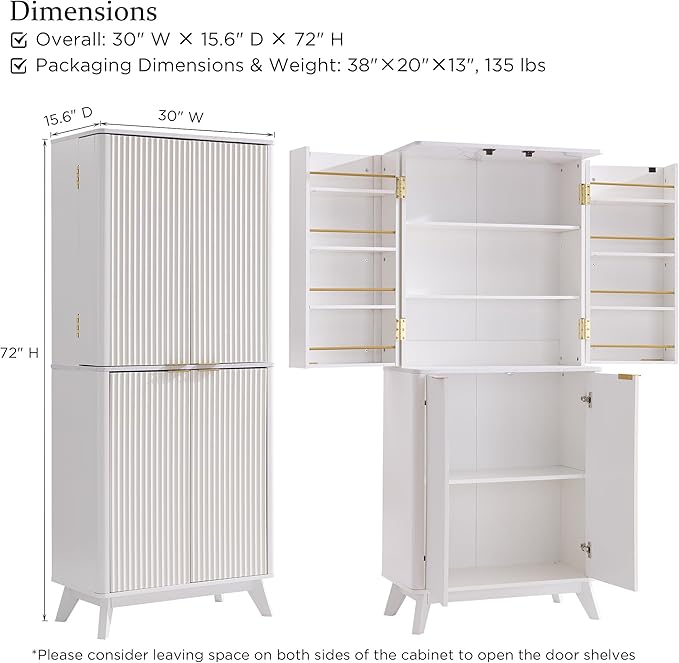 OKD Fluted Kitchen Pantry, 72" Tall Mid Century Modern Storage Cabinet with Adjustable Shelves & Door Organizer, Wood Cabinet for Kitchen, Living Room, Solid White-Ruum Studio Home