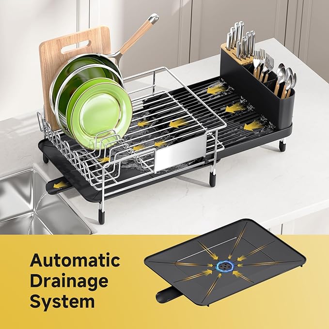 Dish Drying Rack, Expandable Stainless Steel Dish Rack with Drainboard Set Kitchen Sink Organizer for Counter, Large Capacity Kitchen Accessories, Smooth Water Flow-Ruum Studio Home