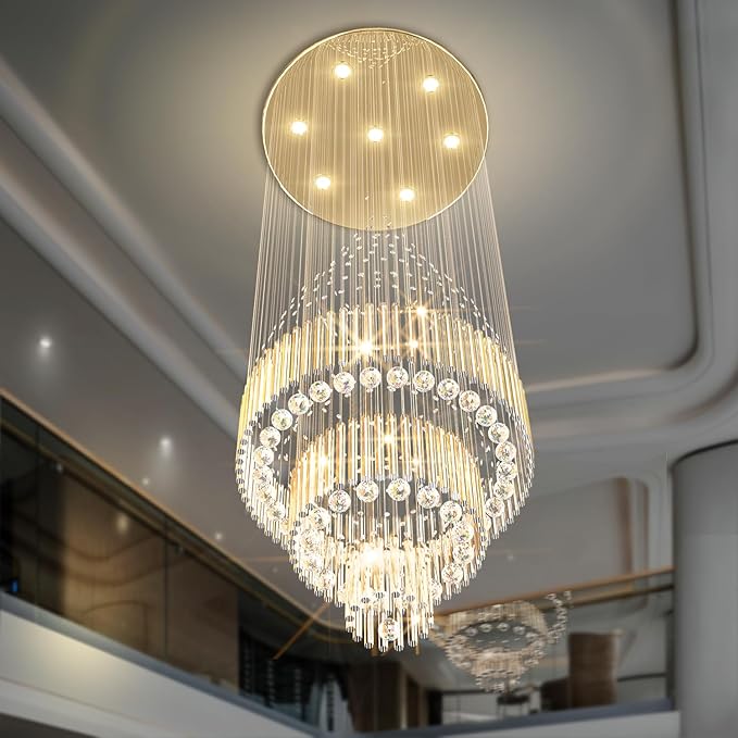 Flashing God D24''XH86'' Modern Foyer Chandelier for High Ceiling Raindrop Crystal Chandelier High Ceiling Pendant Light Fixture for Hallway Living Room (Gold Staircase Chandeliers)-Ruum Studio Home