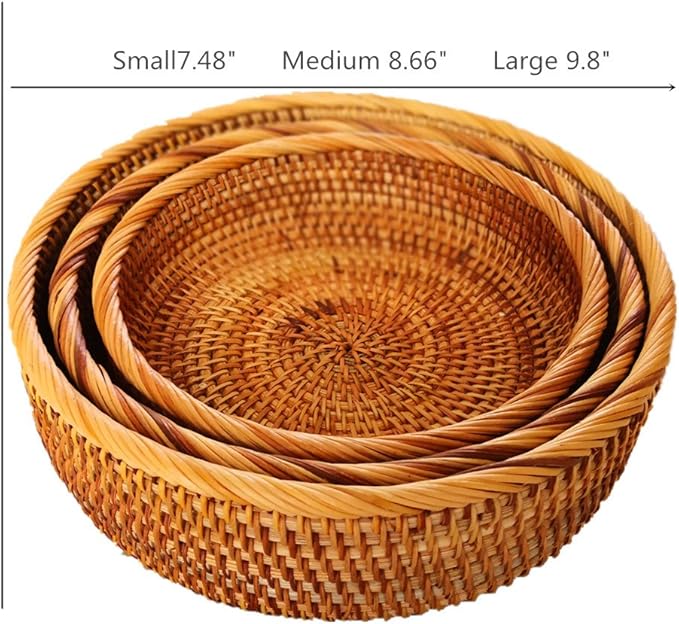Hadewoven Round Rattan Fruit Basket Wicker Food Tray Weaving Storage Holder Dinning Room Bowl, 10 Inch Woven Bread Basket Key Bowls with 4”Wall for Table, Countertop (Large 9.8")-Ruum Studio Home
