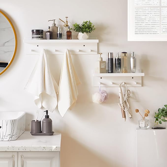 Wood Coat Hook with Wall-Mounted Shelf,23.62in Entryway Wall Hanging Shelf,for Bathroom, Kitchen,Coat Towel Key Organizer White YD-WS0260W-Ruum Studio Home