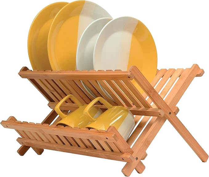BAMBUSI Dish Drying Rack - Collapsible 2-Tier Bamboo Dish Rack for Kitchen Counter, Wooden Dish Drainer with Foldable Space-Saving Design - Drying Rack for Dishes, Plates, and Cups - Housewarming Gift-Ruum Studio Home