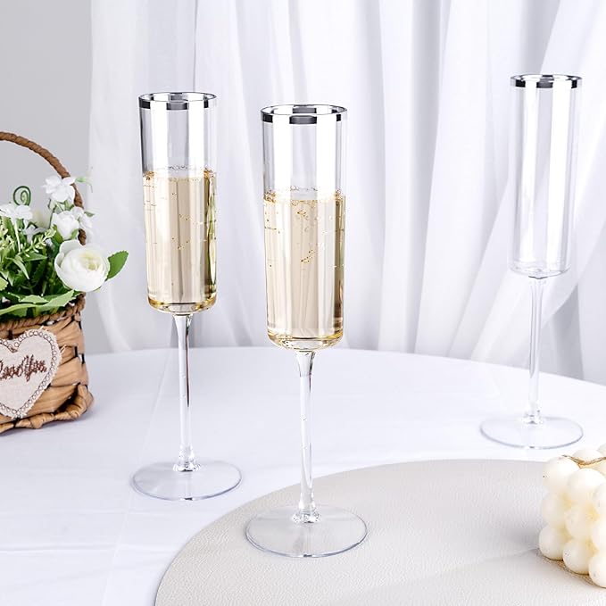 Ciaell 24 Pack Silver Plastic Champagne Flutes - 6 Oz Disposable Champagne Glasses - Square Silver Rim Plastic Toasting Glasses for Party Birthday Anniversary Wedding-Ruum Studio Home