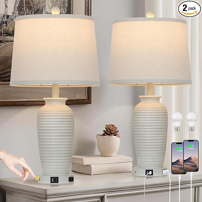 25" Farmhouse Jar Table Lamps Set of 2,Rustic Cream Pot Table Lamp for Bedroom, Living Room,3 Way Touch Control Rustic Bedside Lamps with USB A+C Ports & AC Outlet(LED Bulbs Included)-Ruum Studio Home