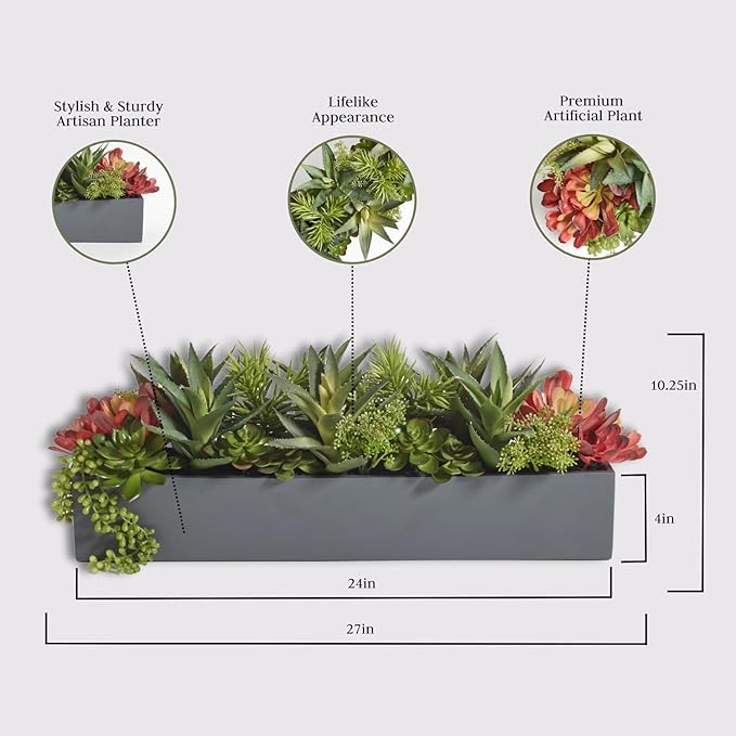 Oblong Faux Succulent Arrangement, Premium Artificial Indoor Plant Enhances Interior Design, Display on any Surface in Your Home Adding an Inviting Touch of Nature, Grey Planter Pot Included-Ruum Studio Home