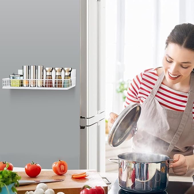 Magnetic Shelf for Fridge Magnetic Basket Organizer Wire Mesh Magnetic Holder Magnet Shelf Accessories for Office Kitchen Classroom Storage,White, 13.77" x 5.11" x 1.7"-Ruum Studio Home