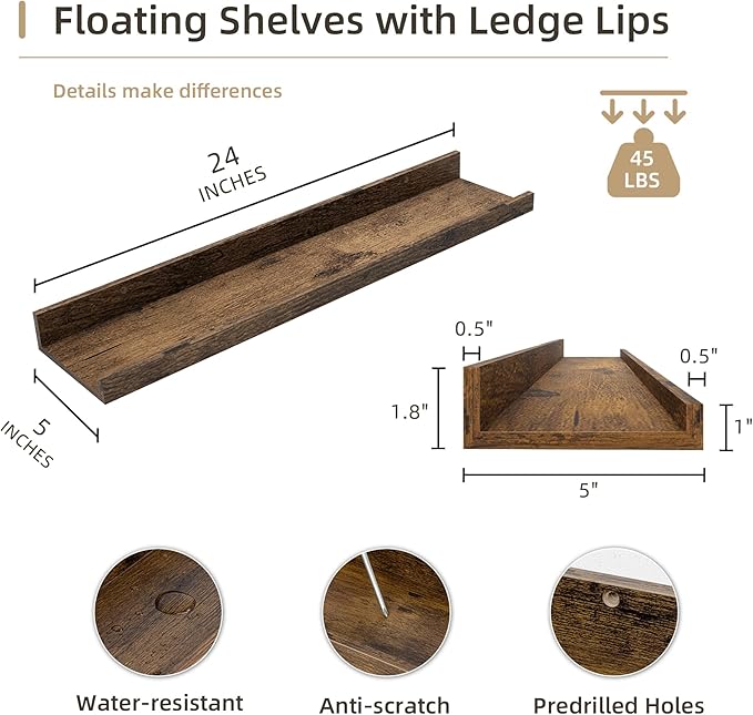 Picture Ledge Shelf, Wood Floating Shelves Set of 4, 24 inch Picture Ledge Shelves, Photo Ledge Nursery Book Shelves Wall Mounted for Living Room Kids' Room Bedroom, Color Brown-Ruum Studio Home