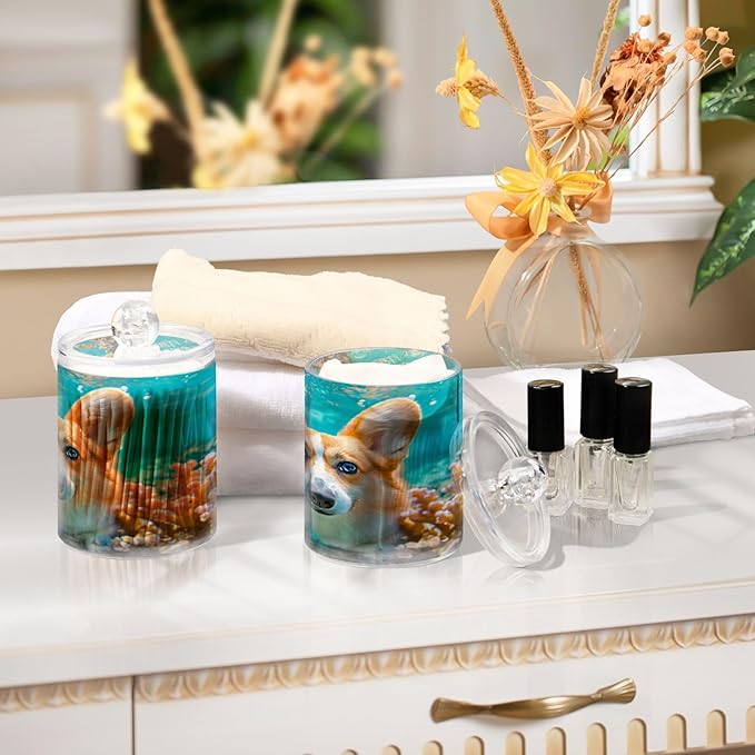 2 Pack Qtip Holder Organizer Dispenser Corgi Dog Underwater Bathroom Storage Canister Cotton Ball Holder Container for Cotton Pads/Swabs/Floss-Ruum Studio Home
