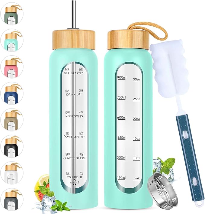 32 oz Glass Water Bottle with Straw - Motivational Time Marker & Silicone Sleeve - Reusable Tumbler Includes 2 Bamboo Lids & Fruit Infuser - 1 Pack-Ruum Studio Home