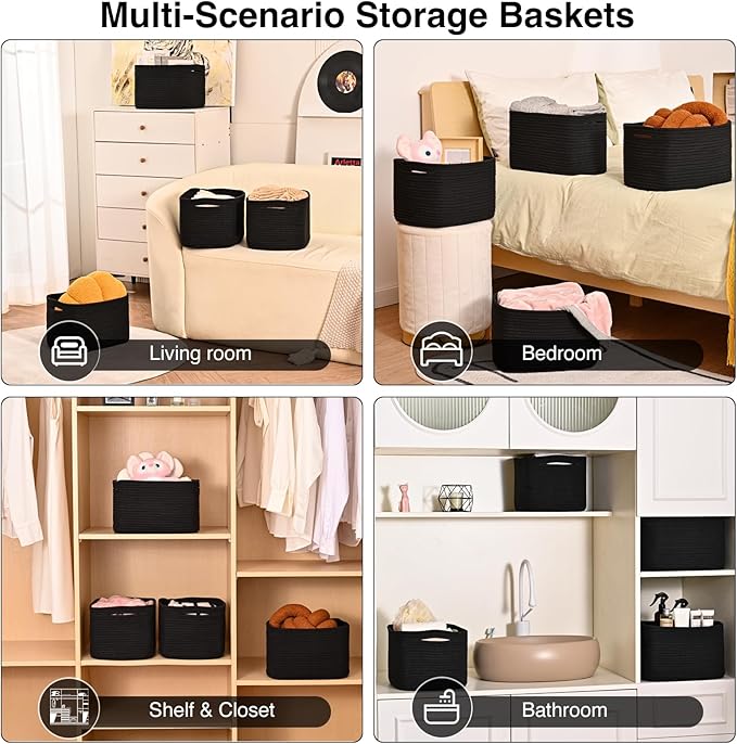 Black Storage Baskets for Shelves, Small Storage Baskets for Organizing, Woven Cotton Rope Baskets for Storage, Book Basket, Decorative Shelf Basket, 12.5"Lx9.1''Wx7.9''H (4 Packs) Black-Ruum Studio Home