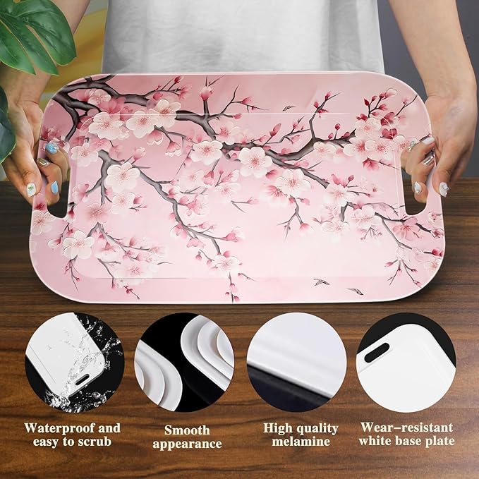 Serving Trays with Handles, 14.5 x 9.8 inch Rectangular Plastic Tray for Restaurant, Kitchen, Pink Cherry Blossom-Ruum Studio Home