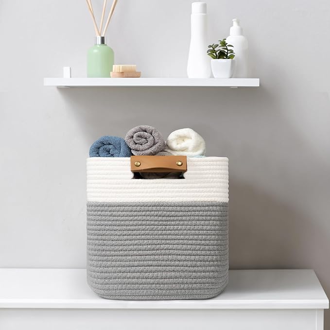 danpinera 3 Pack 11"x11" Woven Basket for Organizing, Square Storage Baskets for Pillows, Towels, Toy, Clothes, Magazines, Decorative Storage Cubes for Bedroom, Living Room, Classroom, Grey-Ruum Studio Home