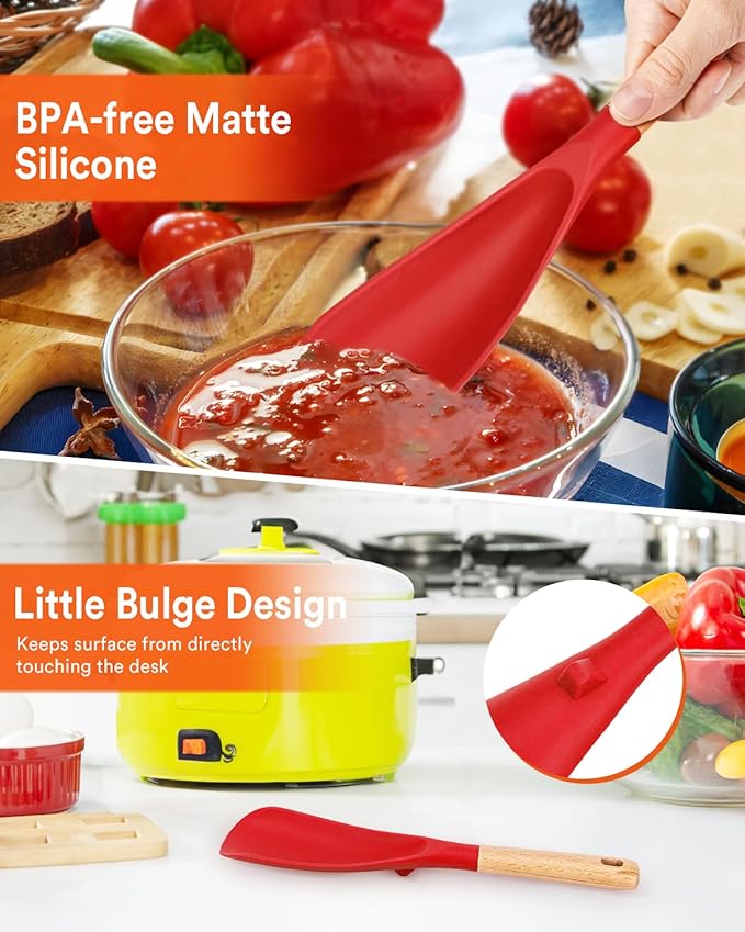 Cooking Spoon and Scraper for Nonstick Cookwares, Great for Cooking and Serving Durable BPA-Free Matte Silicone, Wood Handle Multifunction Spoon for Mixing, Scoop, and Scrape (RED)-Ruum Studio Home