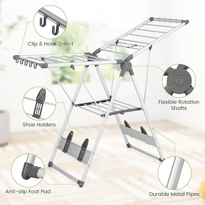 Giantex Clothes Drying Rack, 2-Layer Aluminum Foldable Laundry Drying Rack with 5-Level Adjustable Height, 21 Drying Rails, 10 Side Clips, 4 Shoe Holders, Space Saving Collapsible Laundry Drying Rack-Ruum Studio Home