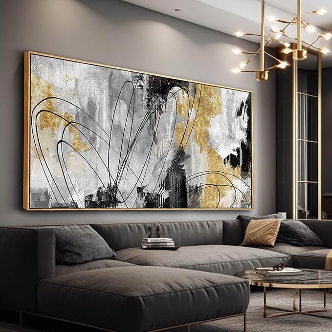 Large Canvas Wall Art Gold Abstract Paintings 29x58 Inch Wooden Framed Artwork Black Line Painting for Bedroom Bathroom Home Decor-Ruum Studio Home
