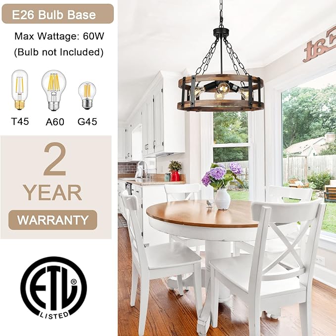 Farmhouse Rustic Wood Chandelier, 4-Light Industrial Drum Chandelier for Dining Room Vintage Pendant Hanging Light Fixture with Black Metal Accent for Kitchen Living Room Dining Area-Ruum Studio Home