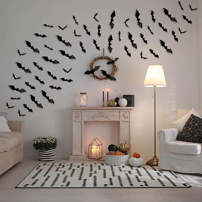 DIYASY Bats Wall Decor, 120 Pcs 3D Bat Halloween Decoration Stickers for Home Decor 4 Size Waterproof Black Spooky Bats for Room Decals-Ruum Studio Home