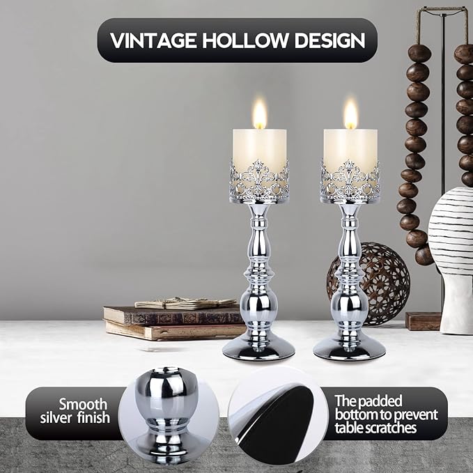 Candle Holders for Pillar Candles Gothic Matte Black Vintage Tall Candle Holders Set of 2 Decorative Large Table Centerpieces Candle Stand Decor (Silver 2PCS A)-Ruum Studio Home