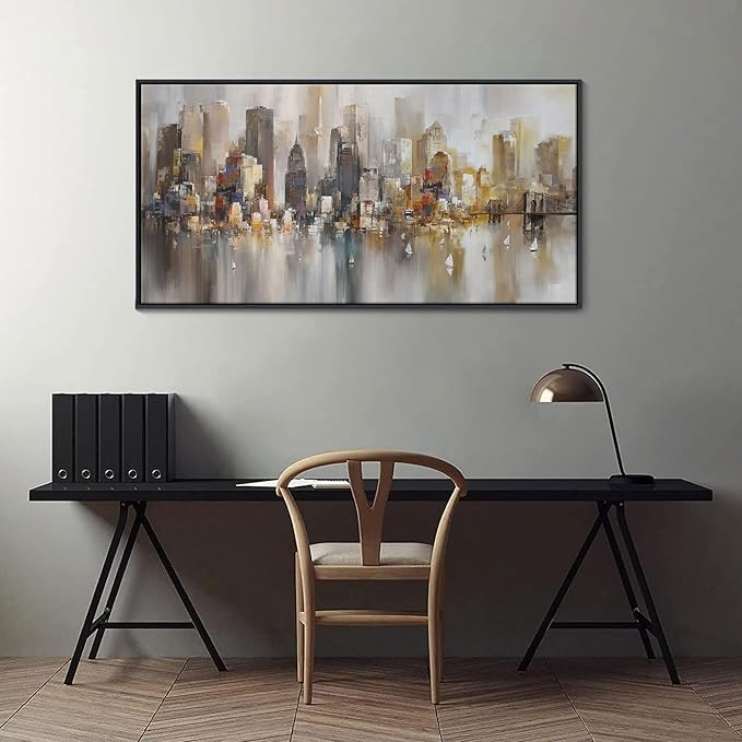 New York City Wall Art -Framed Modern Abstract Wall Art for Living Room, Office & Bedroom Cityscape & Paintings for Bedroom brooklyn bridge Pictures Wall Decor Chicago Artwork for Walls 24×48IN-Ruum Studio Home