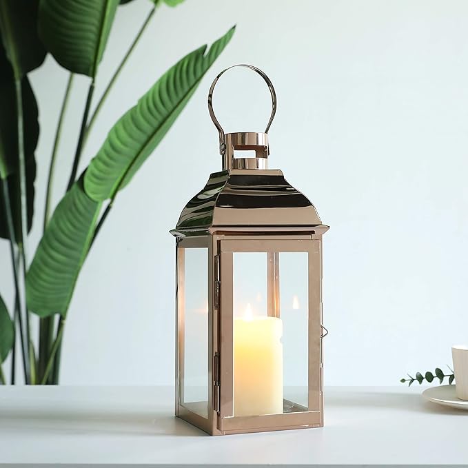 JHY DESIGN Decorative Candle Lanterns 15" High Stainless Steel Candle Lanterns with Tempered Glass for Indoor Outdoor Events Parities and Weddings Vintage Style Hanging Lamps(Rose Gold)-Ruum Studio Home